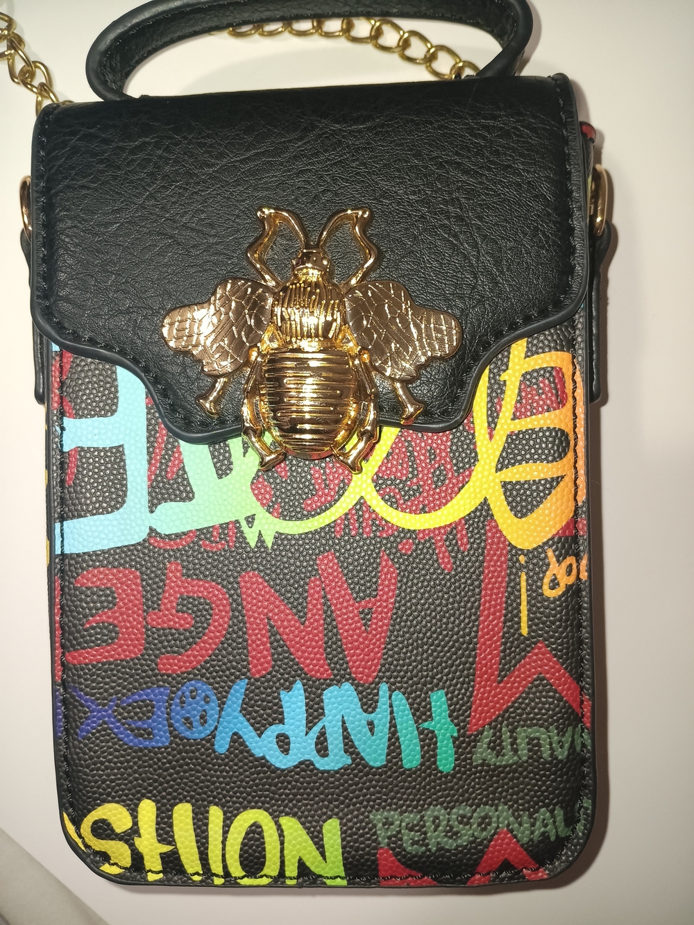 Designer-Inspired Black Graffiti Crossbody Bag with Gold Bee Accent